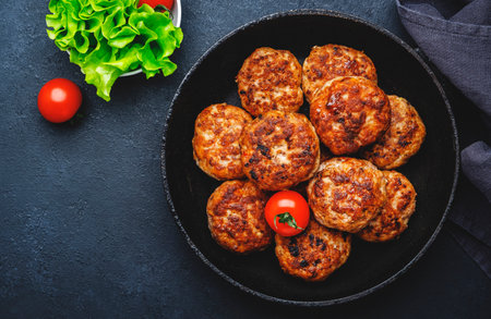 Homemade fried pork and beef meatballs in frying pan, dark table background, top viewの写真素材