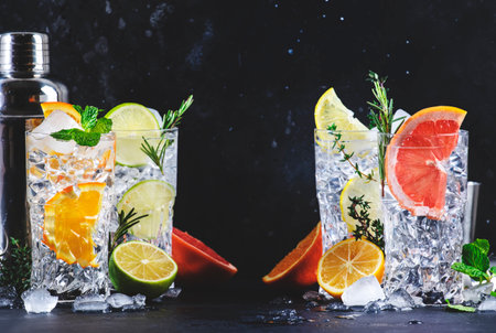 Gin tonic cocktails set. Trendy drinks with lime, lemon, grapefruit, orange, cucumber, soda and spicy herbs in wine glasses, black background. summer cocktail partyの写真素材
