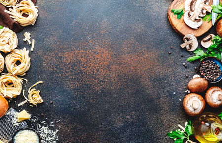 food background. Uncooked pasta, brown mushrooms, vegetables, cheese and ingredients for tasty cooking on brown table background, top view. copy spaceの写真素材