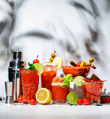 Bloody Mary, Joseph, Caesar and other red cocktails set with tomato juice, vodka, hot sauce and celery. cocktail party. Gray background, hard lightの写真素材