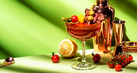 Barbecue bloody mary with bacon alcoholic cocktail drink with tomato juice, vodka, celery, hot sauce, pickles and ice, in lass garnished with salt and red pepper. Green background, hard lightの写真素材