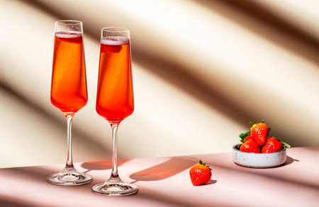 Rossini summer alcoholic cocktail drink with sparkling wine or prosecco, strawberry puree and ice in champagne glasses. Beige pink vanilla background, hard light, shadow patternの写真素材