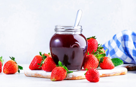 Strawberry jam in glass jar and fresh berries, white table background, copy spaceの写真素材