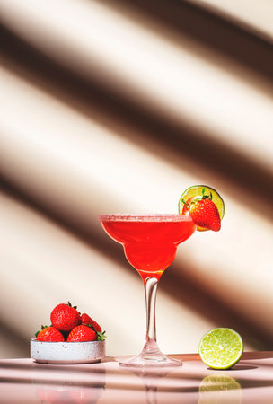 Strawberry Margarita summer alcoholic cocktail drink with silver tequila, lime juice, liqueur, strawberries and ice in glass with sugar rim. Beige pink vanilla background.の写真素材