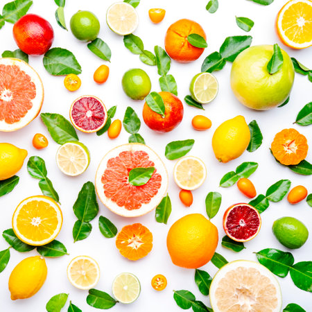 Citrus fruit food background, top view. Mix of different whole and sliced fruits: orange,...
