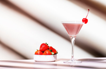 Bounty martini summer alcoholic cocktail drink with vodka, liqueur, cream, syrup, strawberries and ice in glass with cocktail cherry. Beige pink vanilla backgroundの写真素材