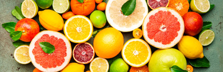 Citrus fruit food background, top view. Mix of different whole and sliced fruits: orange, grapefruit, lime and other with leaves on green table. Bannerの写真素材