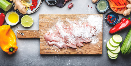 food background. Raw sliced chicken fillet sprinkled with starch on cutting board., vegetables, ginger, lime, chili pepper, garlic, soy sauce and rice vinegar on gray kitchen table. Asian stir fry ingredients. top viewの写真素材