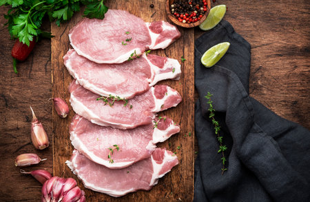 Raw pork chops on rustic wooden cutting board prepared for cooking with garlic, thyme, spices and pepper. Old wood kitchen table, top viewの写真素材