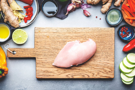 food background. Raw chicken fillet on cutting board., vegetables, ginger, lime, chili pepper, garlic, soy sauce and rice vinegar on gray kitchen table. Asian stir fry ingredients. Healthy eating concept. top viewの写真素材