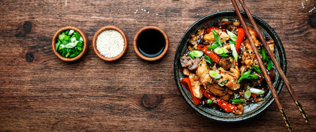 Stir fry chicken with paprika, mushrooms, green chives and sesame seeds in ceramic bowl. Asian food dish. Wooden kitchen table background, top view bannerの写真素材