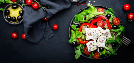 Greek salad with feta cheese, olives, cherry tomato, paprika, cucumber and red onion, healthy vegetarian mediterranean diet food, low calories eating. Black stone background, top view, copy spaceの写真素材