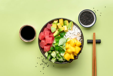 Poke bowl with raw tuna, avocado, mango, cucumber, lettuce and white rice. Soy sauce, lime and...