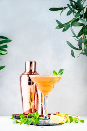 French daiquiri alcohlic cocktail with cognac, syrup, lemon juice, mint and ice in glass garnished with brown sugar rim. Gray background, bar toolsの写真素材