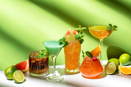 Alcoholic drinks with mint, summer cocktail party. Multi-colored low-alcohol beverage glasses set. Green background, hard light, shadow patternの写真素材