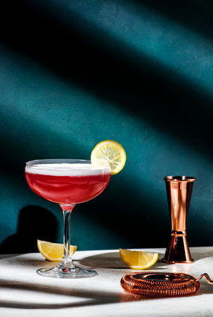 Pink lady classic cocktail drink with dry gin, grenadine syrup, lemon juice and egg white, dark green background, bright hard light, shadow patternの写真素材
