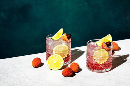 Summer cocktail drink, mocktail or lemonade with lychee, lime juice and ice, dark green background, bright hard light, shadow patternの写真素材