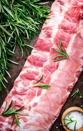 Raw pork ribs with rosemary and salt prepared for cooking on black kitchen table background, top viewの写真素材