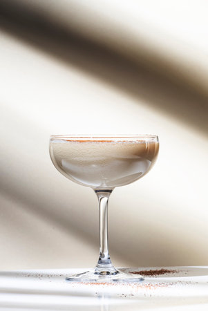 Brandy alexander alcoholic cocktail with cognac, cocoa liquor, cream, grated nutmeg and ice. Light beige background, hard light, shadow pattern. minimalismの写真素材