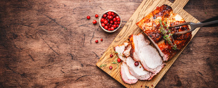Baked pork loin on rustic wooden cutting board with spices, herbs and cranberries. Wood kitchen table background, top view banner with copy spaceの写真素材