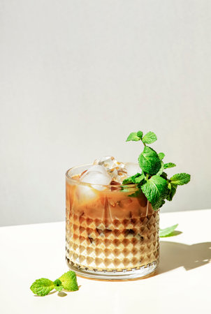 Mint White Russian alcoholic cocktail drink with vodka, coffee liqueur, mint schnapps, cream and ice...