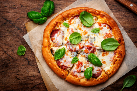Pizza with spicy salami sausage, mozzarella cheese, tomato sauce and green basil on rustic wooden kitchen table background, top viewの写真素材