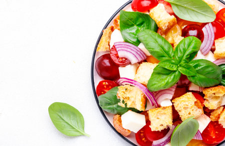 Panzanella italian vegetable salad with stale bread, colorful tomatoes, mozzarella cheese, onion, olive oil, salt and green basil, white table background, top viewの写真素材