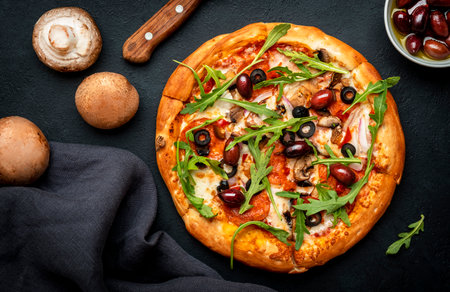Hot pizza with spicy salami sausage, mozzarella cheese, mushrooms, black olives, tomato sauce and arugula, black table background, top viewの写真素材