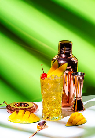 Mango rum collins alcoholic cocktail with rum, syrup, ginger beer, lemon juice, ice and fresh mango. Green background, copy spaceの写真素材