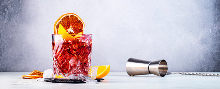 Negroni alcoholic cocktail drink with dry gin, red vermouth and red bitter, orange slice and ice cubes. Gray background, bar tools, copy space bannerの写真素材
