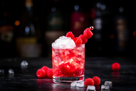 Rosso berry crush alcoholic cocktail drink with red vermouth, raspberries, currants and ice, dark bar counter background, copy spaceの写真素材