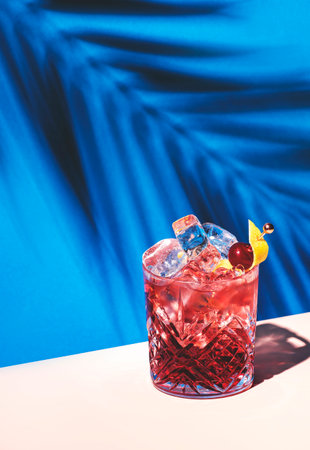 Sbagliato Rosa alcoholic cocktail drink with Italian red liqueur and aperitif, champagne rose or sparkling wine, decorated with zest, summer blue bright background, hard light and shadowsの写真素材