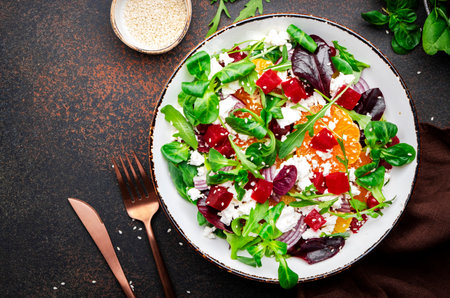 Beetroot, feta cheese and tangerine healthy salad with arugula, lettuce, onion on brown kitchen...