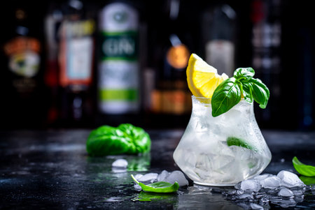 El Bizzcoti cocktail drink with mezcal, liqueur, sugar syrup, lemon, juice, basil, spices and crushed ice, dark bar counter backgroundの写真素材