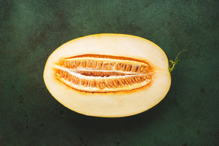 Large oval melon, cut half with seeds on rustic green background, top viewの写真素材