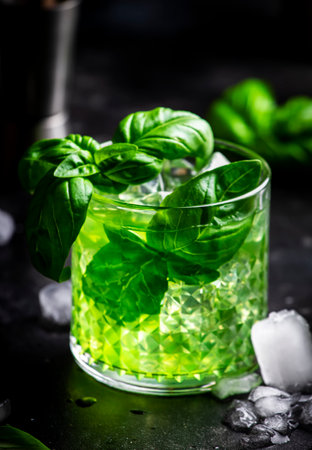 Basil smash green alcoholic cocktail drink with dry gin, sugar syrup, lemon, basil and ice, dark bar counter backgroundの写真素材
