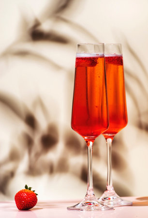 Rossini cocktail drink with prosecco wine, strawberry puree and ice in champagne glasses. Beige pink background, hard light, shadow patternの写真素材