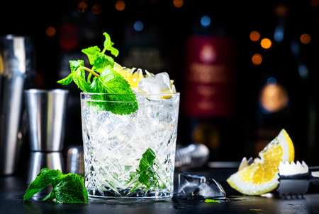 Tommy's margarita summer cocktail drink with tequila, lime juice, lemon, syrup, mint and ice in glass, dark background, bar tools and bottlesの写真素材