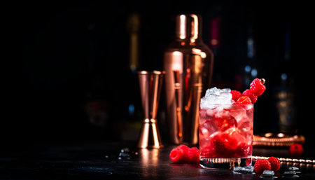 Rosso berry crush red cocktail drink with vermouth, raspberries, currants and ice, dark bar counter background, bar tools and bottlesの写真素材