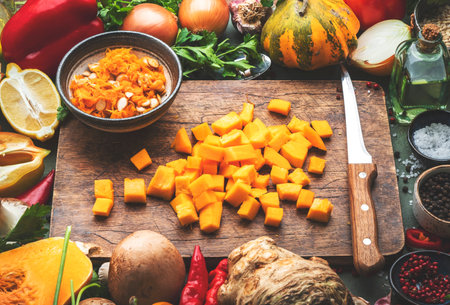 Food background. Diced raw peeled pumpkin and vegetable knife on rustic wooden cutting board. Vegetables, mushrooms, roots, spices - ingredients for vegan cooking. Healthy eating, diet, comfort slow food concept. Top viewの写真素材