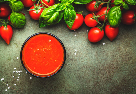 Freshly squeezed tomato juice with sea salt in glass and red cherry tomatoes on branches with green basil on rustic table, food background, top viewの写真素材