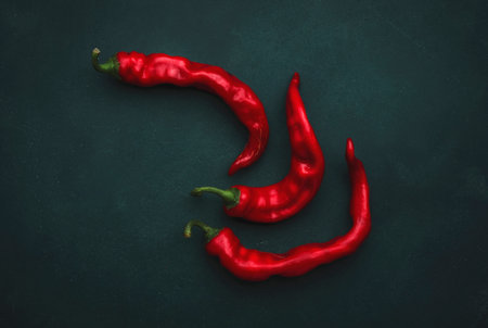Fresh red hot chili peppers on deep green background, minimalistic style, vegetable art, top view