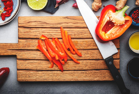 Food and cooking background. Gray table with chopped paprika. Zucchini, raw vegetables, spices and ingredients for cooking vegan Asian dishes with ginger, garlic, soy sauce, top viewの写真素材