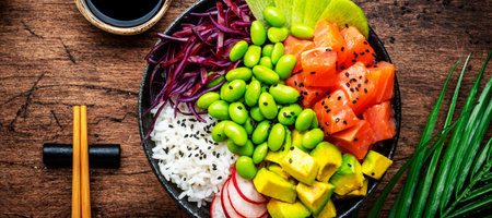 Poke bowl for balanced diet with salmon, avocado, radish, cabbage, beans, sesame and rice, wooden...