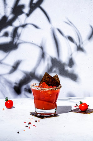 Trendy bloody mary tomato alcoholic cocktail drink with juice, spices, vodka and nori. Gray background, hard lightの写真素材