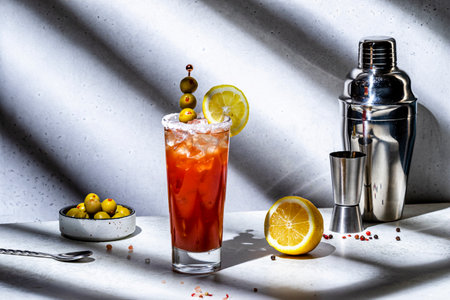 Tomato alcoholic cocktail drink, variation of Bloody Mary with juice, vodka, lemon, celery, spicy sauce and ice. Gray background, hard lightの写真素材