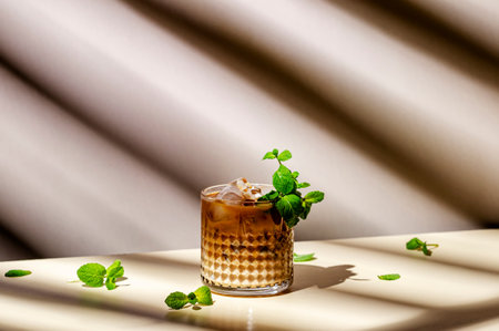 Coffee drink cocktail with vodka, liqueur, mint vodka, cream and ice on beige background, hard light