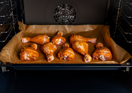 Raw chicken drumsticks in smoked paprika, spices, oil marinade, on a baking sheet in the oven, top...