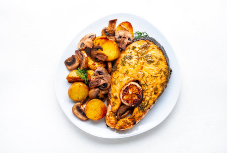 Baked salmon steak with lemon and dill, fried baby potatoes with mushrooms and cream sauce. White background, top viewの写真素材