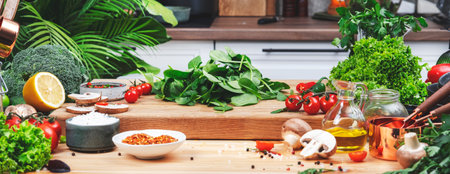 Healthy eating, cooking, food blogging background. Fresh spinach on oak cutting board with vegetables, herbs and spices on cozy kitchen with wooden table, kitchenware and ingredients for cookingの写真素材